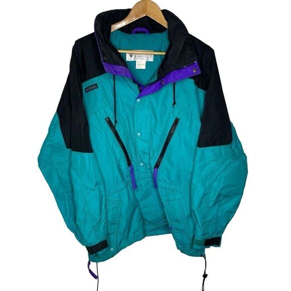 Columbia Zip Slant Pockets Hooded Windbreaker Jacket Blue‎ Black L Ski Vintage